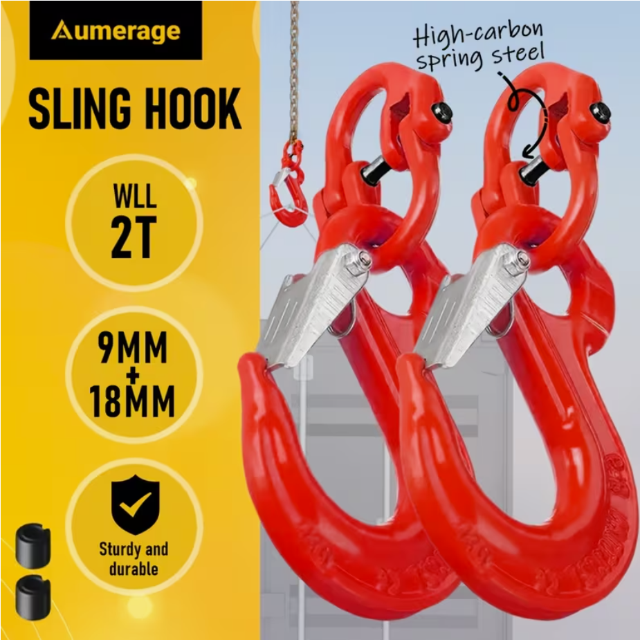 2SETS 2T Sling Hook With Hammerlock Heavy Duty Safety Latch Swivel Winch Hook For Trailer Safety Chain-Red