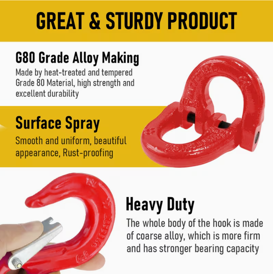 2SETS 2T Sling Hook With Hammerlock Heavy Duty Safety Latch Swivel Winch Hook For Trailer Safety Chain-Red