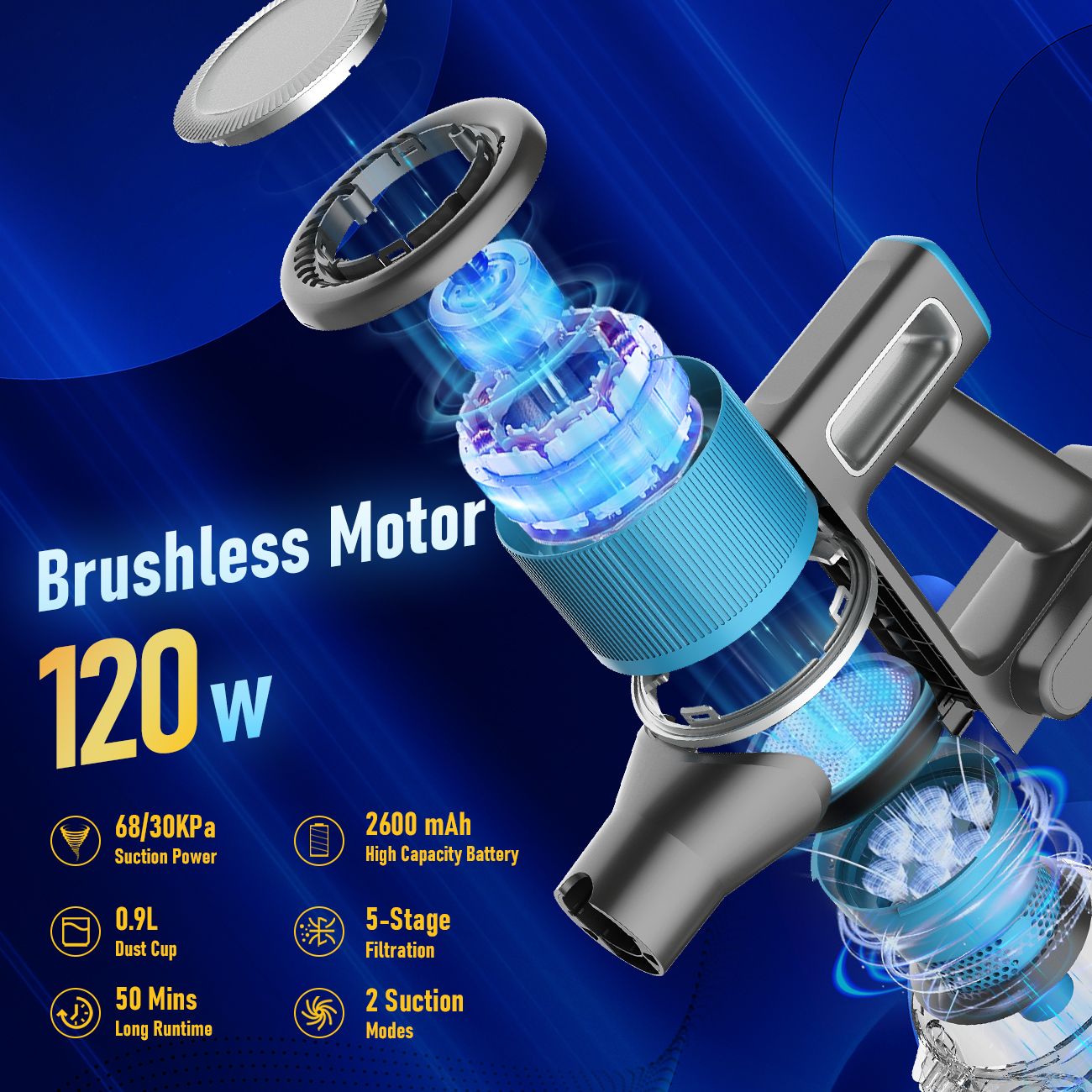 8-in-1 Cordless Vacuum Cleaner 2 Modes Anti-Tangle Brush For Pet Hair On Hardwood Floors & Carpets V1181-XT4-BL