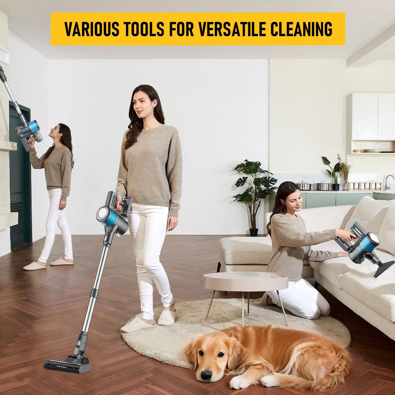 8-in-1 Cordless Vacuum Cleaner 2 Modes Anti-Tangle Brush For Pet Hair On Hardwood Floors & Carpets V1181-XT4-BL