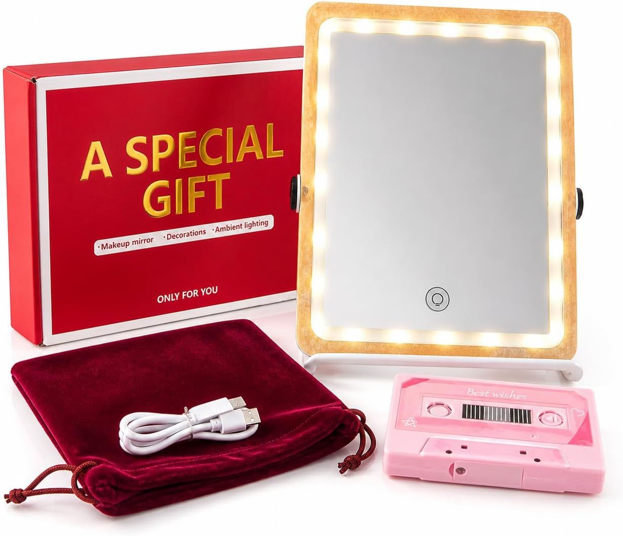 Gifts Set for Women, Wife, Girl Friend, LED Vanity Makeup Mirror with Adjustable Rack, Portable Travel Mirror V1186-CFM002