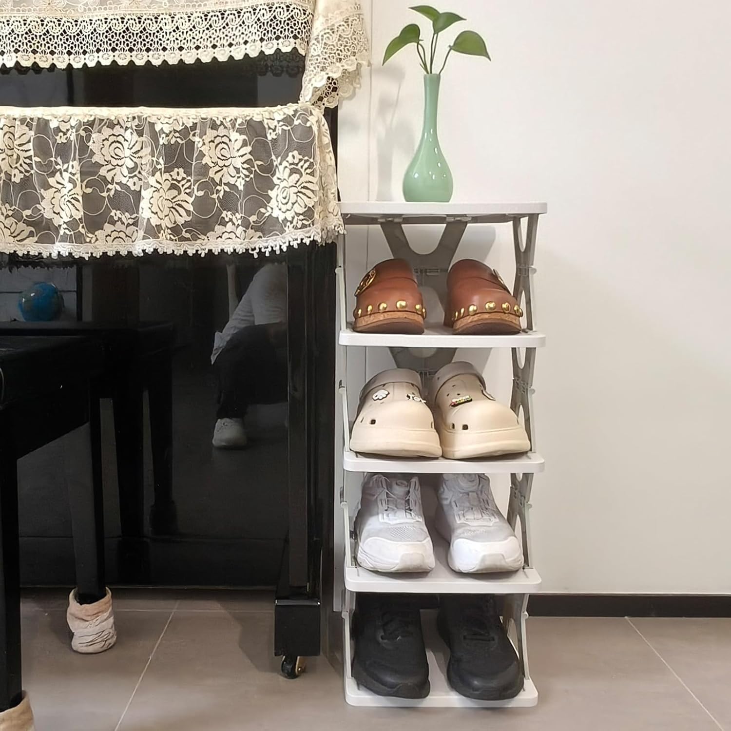 5 Tier Foldable Vertical Shoe Rack, X-Design Tall Shoes Organiser for Narrow Space, Corner Shelf for Single V1186-SRX001