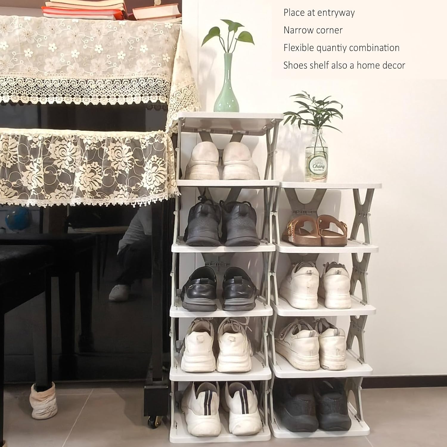5 Tier Foldable Vertical Shoe Rack, X-Design Tall Shoes Organiser for Narrow Space, Corner Shelf for Single V1186-SRX001
