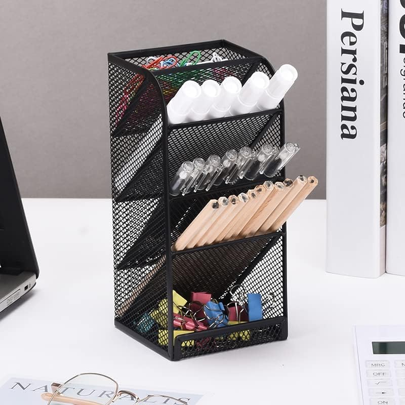 Modern Metal Mesh Pencil Holder, 5-Compartment Desk Organiser, Black Angled Pen Holder V1186-TH-106