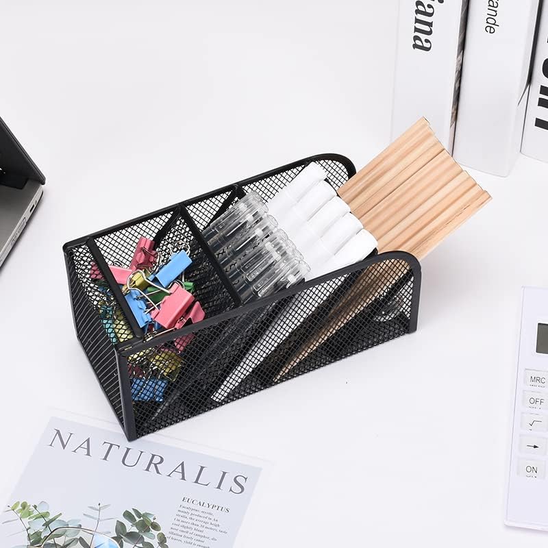 Modern Metal Mesh Pencil Holder, 5-Compartment Desk Organiser, Black Angled Pen Holder V1186-TH-106