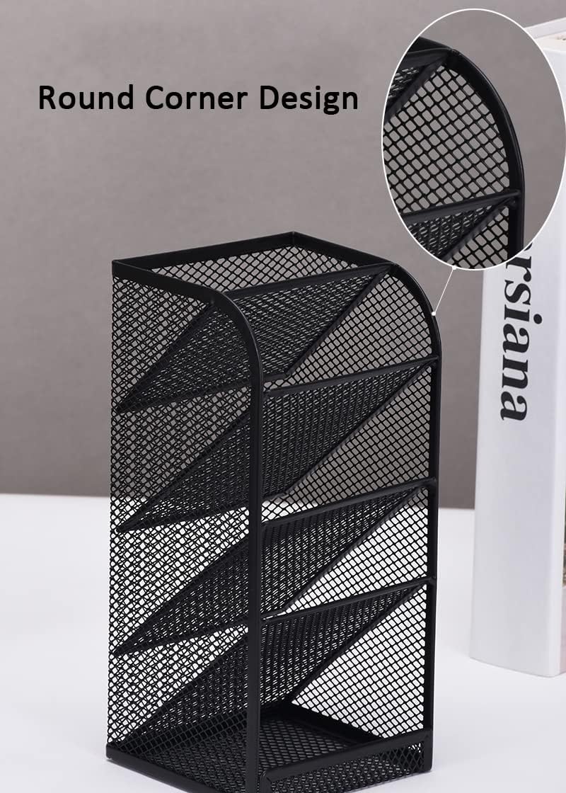 Modern Metal Mesh Pencil Holder, 5-Compartment Desk Organiser, Black Angled Pen Holder V1186-TH-106