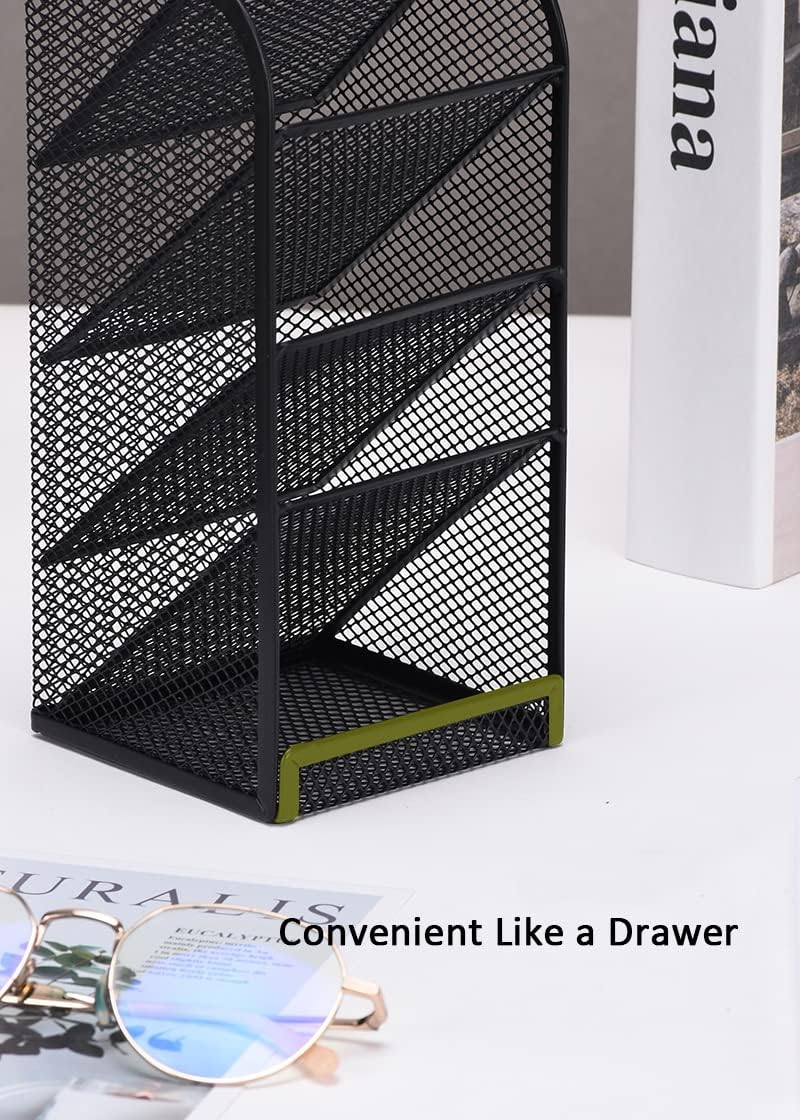 Modern Metal Mesh Pencil Holder, 5-Compartment Desk Organiser, Black Angled Pen Holder V1186-TH-106