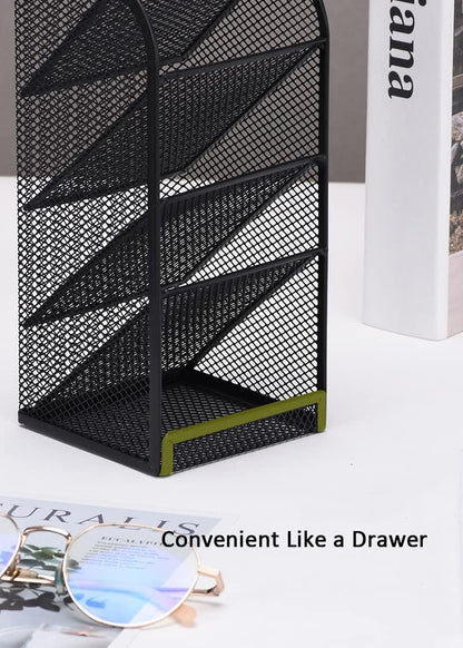 Modern Metal Mesh Pencil Holder, 5-Compartment Desk Organiser, Black Angled Pen Holder V1186-TH-106
