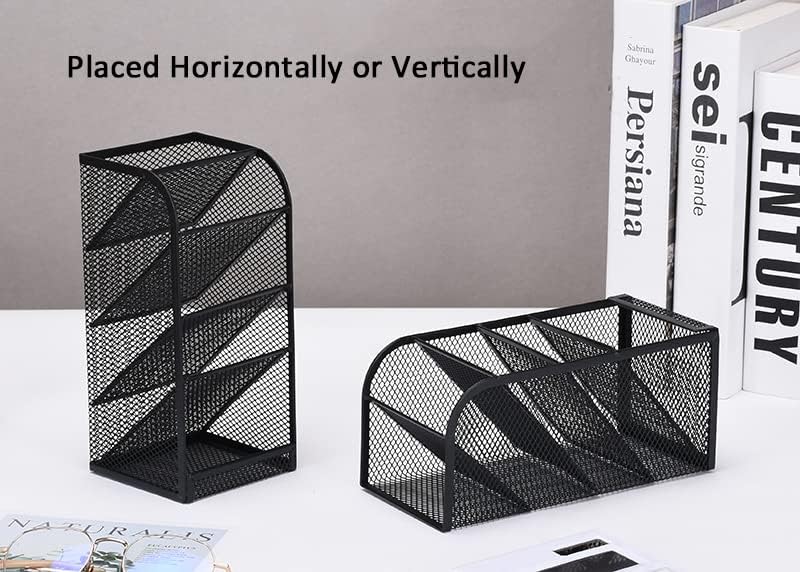 Modern Metal Mesh Pencil Holder, 5-Compartment Desk Organiser, Black Angled Pen Holder V1186-TH-106