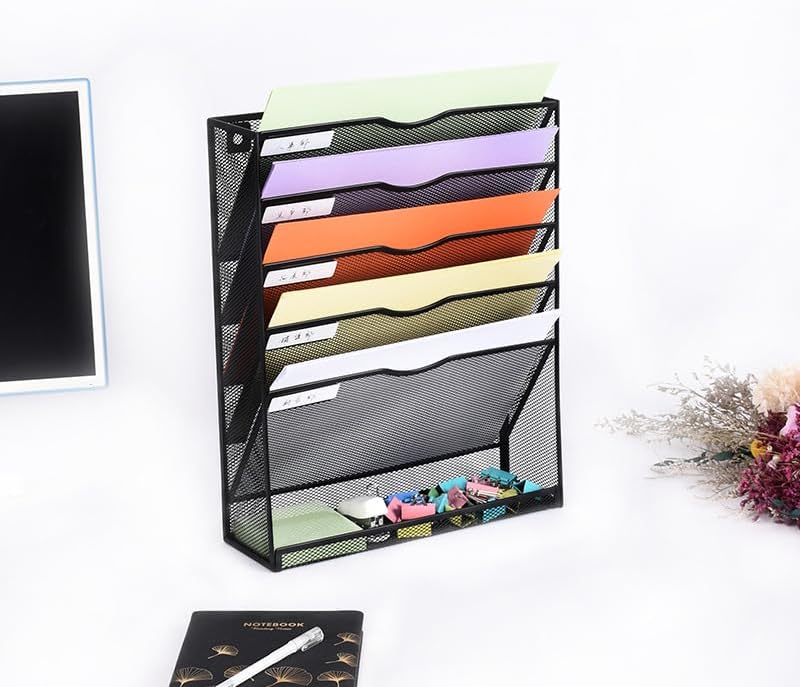 6 Tier Desktop File Organiser, Wall Mount Magazine Rack, Mesh Desk Organizer, Vertical Hanging Document Tray V1186-TH104