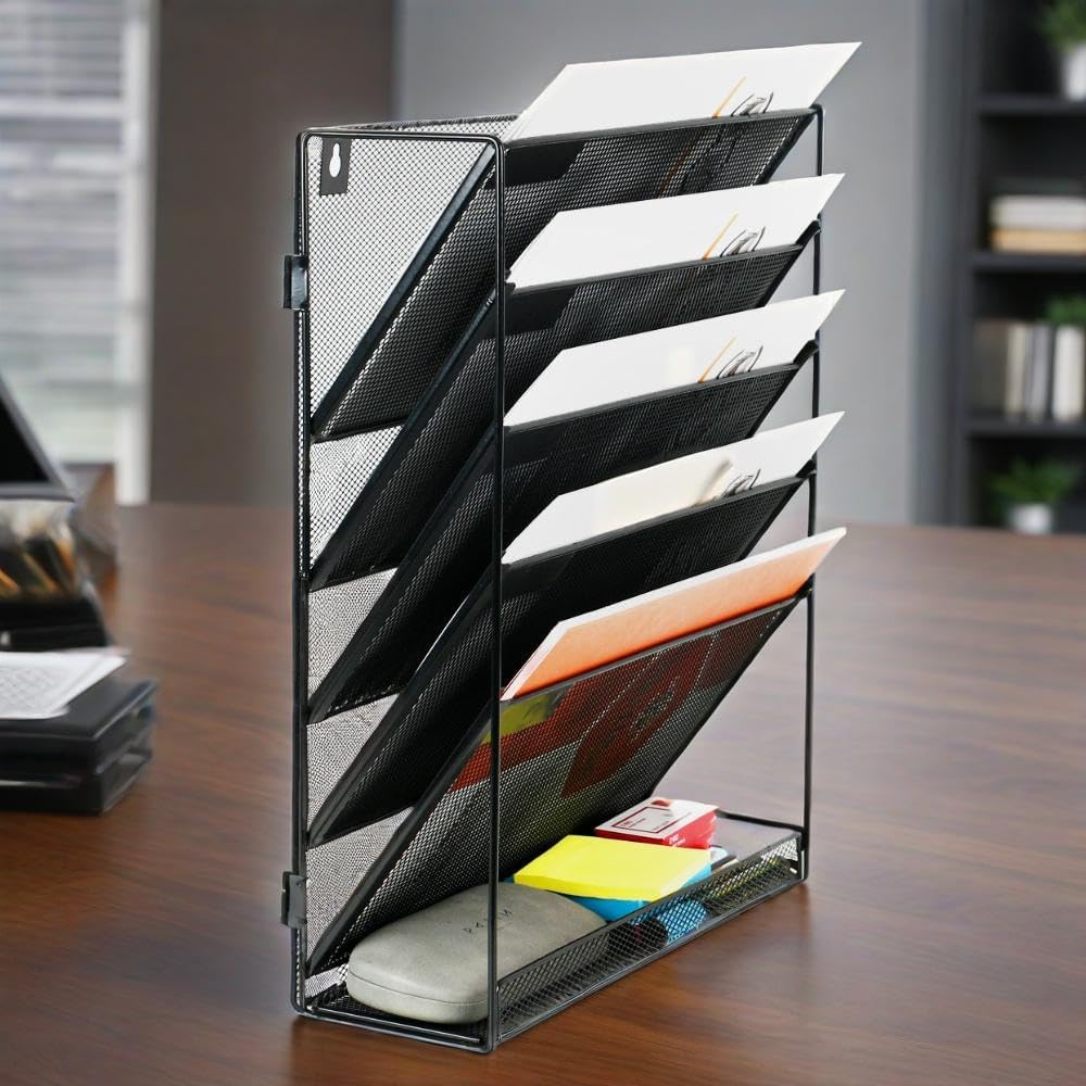 6 Tier Desktop File Organiser, Wall Mount Magazine Rack, Mesh Desk Organizer, Vertical Hanging Document Tray V1186-TH104