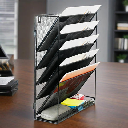6 Tier Desktop File Organiser, Wall Mount Magazine Rack, Mesh Desk Organizer, Vertical Hanging Document Tray V1186-TH104