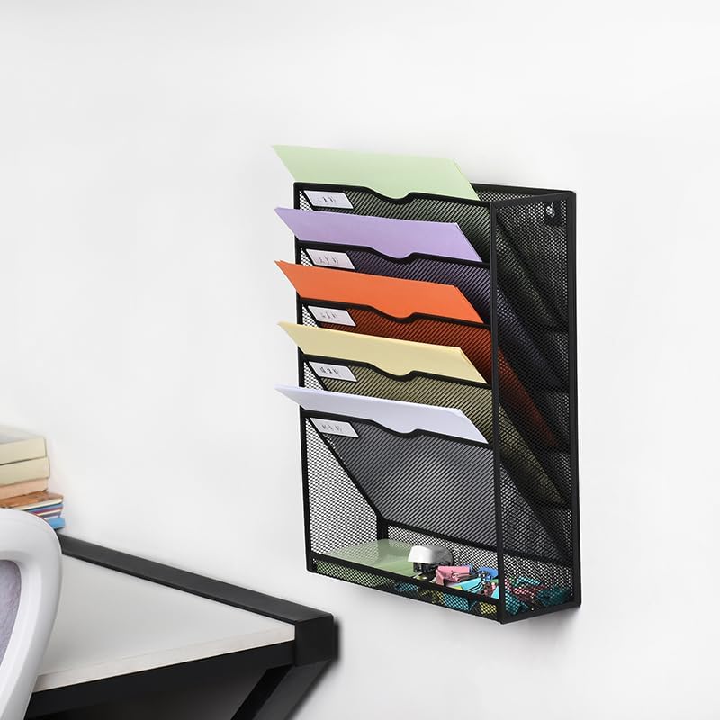 6 Tier Desktop File Organiser, Wall Mount Magazine Rack, Mesh Desk Organizer, Vertical Hanging Document Tray V1186-TH104
