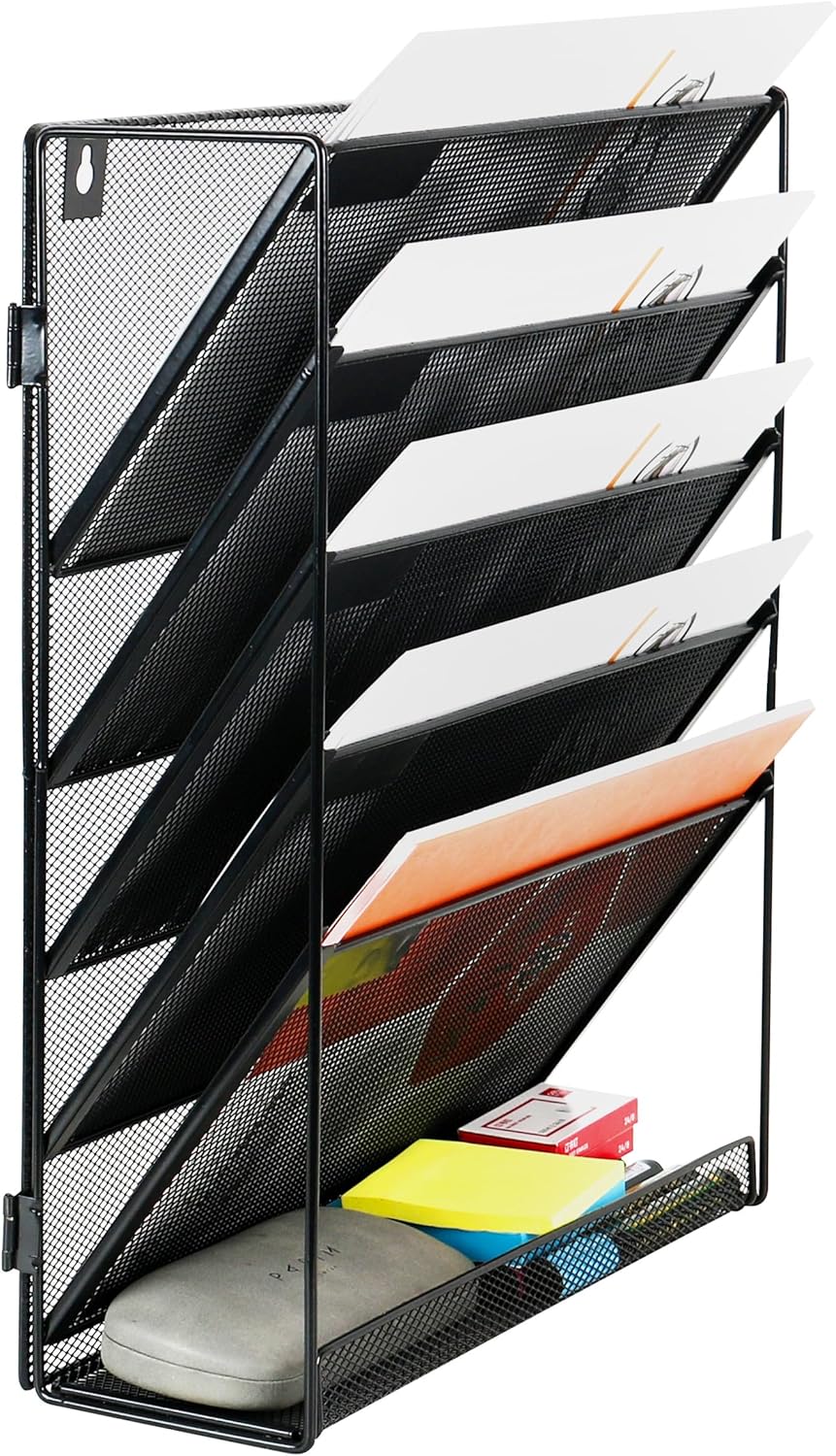 6 Tier Desktop File Organiser, Wall Mount Magazine Rack, Mesh Desk Organizer, Vertical Hanging Document Tray V1186-TH104