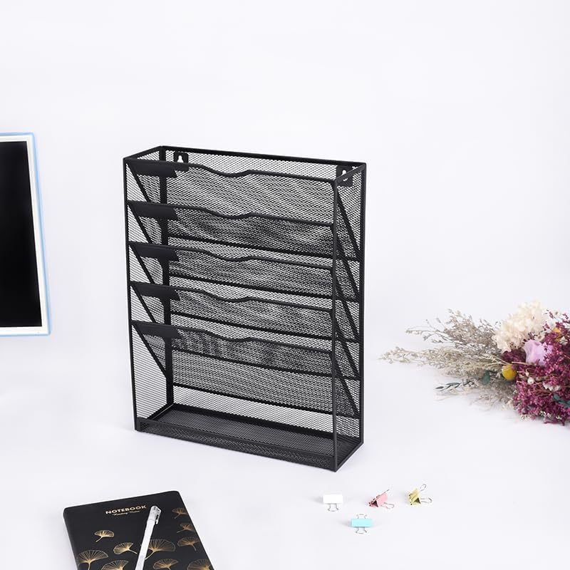 6 Tier Desktop File Organiser, Wall Mount Magazine Rack, Mesh Desk Organizer, Vertical Hanging Document Tray V1186-TH104