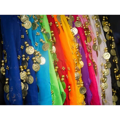 Belly Dance Hip Scarf with 128 Gold Coins, Mardi Gras Carnival Performance Belt Costume V1188-CAQQ-138430-1
