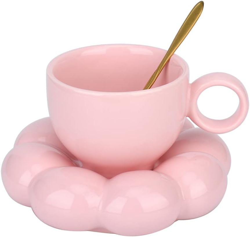 Cute Pink Ceramic Coffee Cup with Saucer Flower Spoon and Sunflower Coaster V1188-CAQQ-38995-3