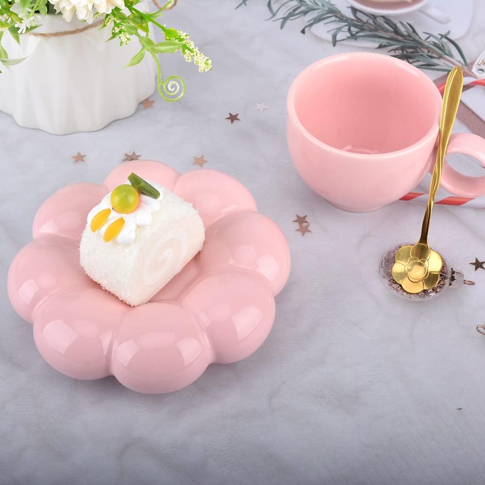Cute Pink Ceramic Coffee Cup with Saucer Flower Spoon and Sunflower Coaster V1188-CAQQ-38995-3