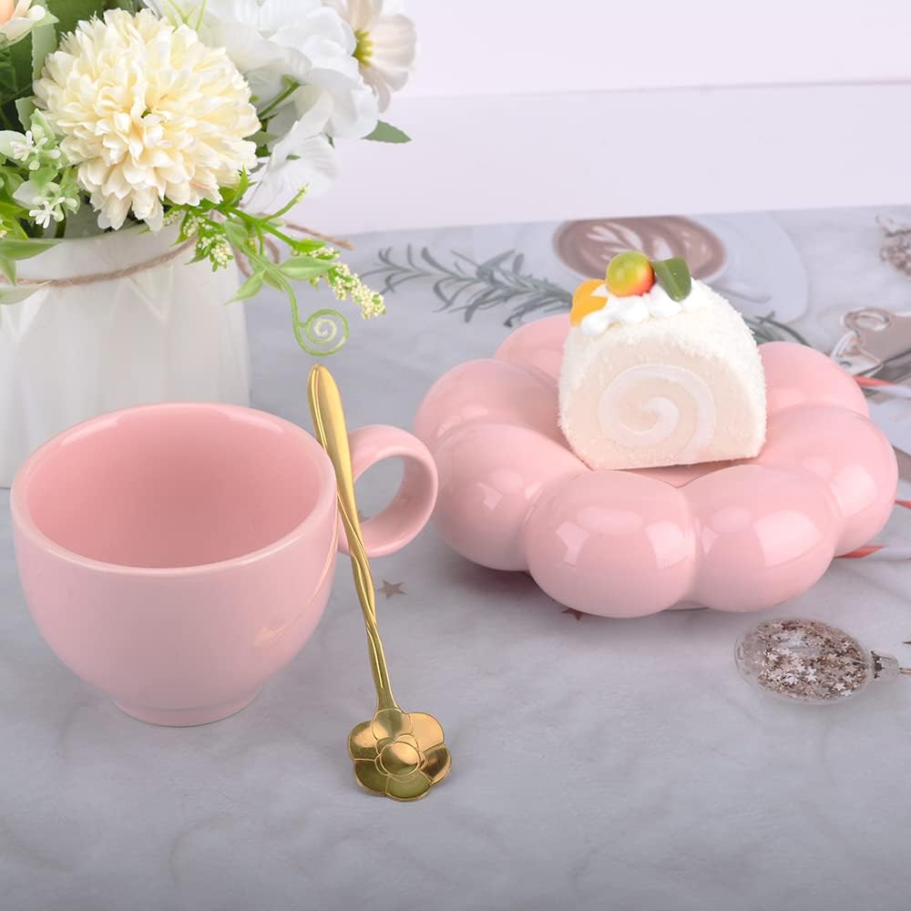Cute Pink Ceramic Coffee Cup with Saucer Flower Spoon and Sunflower Coaster V1188-CAQQ-38995-3