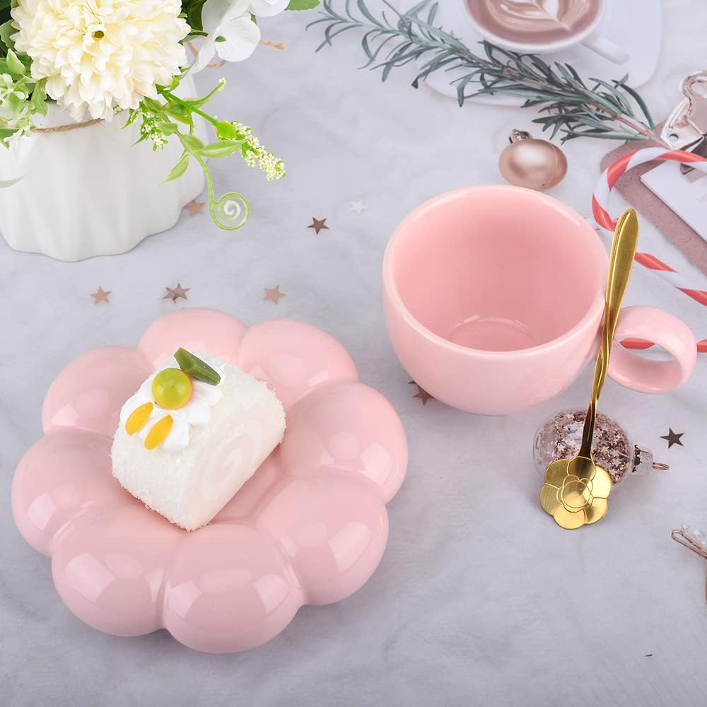 Cute Pink Ceramic Coffee Cup with Saucer Flower Spoon and Sunflower Coaster V1188-CAQQ-38995-3