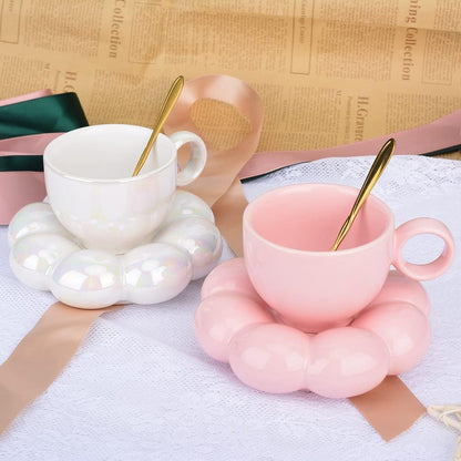 Cute Pink Ceramic Coffee Cup with Saucer Flower Spoon and Sunflower Coaster V1188-CAQQ-38995-3
