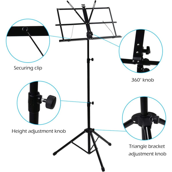 Adjustable Music Stand Portable Foldable Metal Stand with Carrying Bag Lightweight for Travel Storage Black V1188-CAWW-17654-1