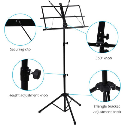 Adjustable Music Stand Portable Foldable Metal Stand with Carrying Bag Lightweight for Travel Storage Black V1188-CAWW-17654-1