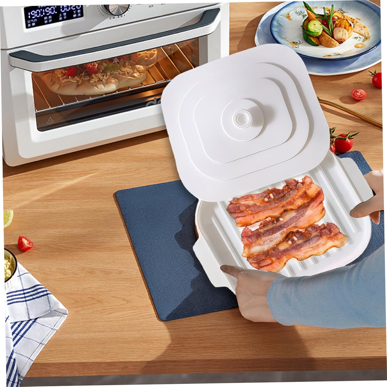 Microwave Tray for Bacon, 30 x 20 x 0.8 cm Silicone Bacon Pan with Lid and Handle, Crispy Bacon Maker V1188-CE-41F-00059