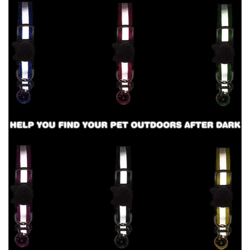 Adjustable Reflective Collars for Cats and Puppies with Bell and Safety Buckle, 6X Multicolor Pet Accessories V1188-CE-78-02077