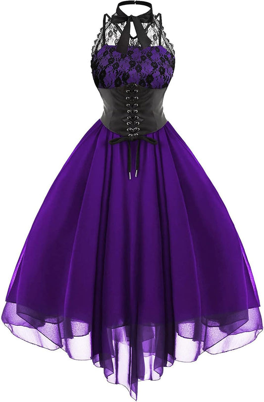 Sleeveless Gothic Lace Dress for Women 80s Party Dress Corset Halter Lace Swing Cocktail Purple XXL V1188-CE-A41-00223-8