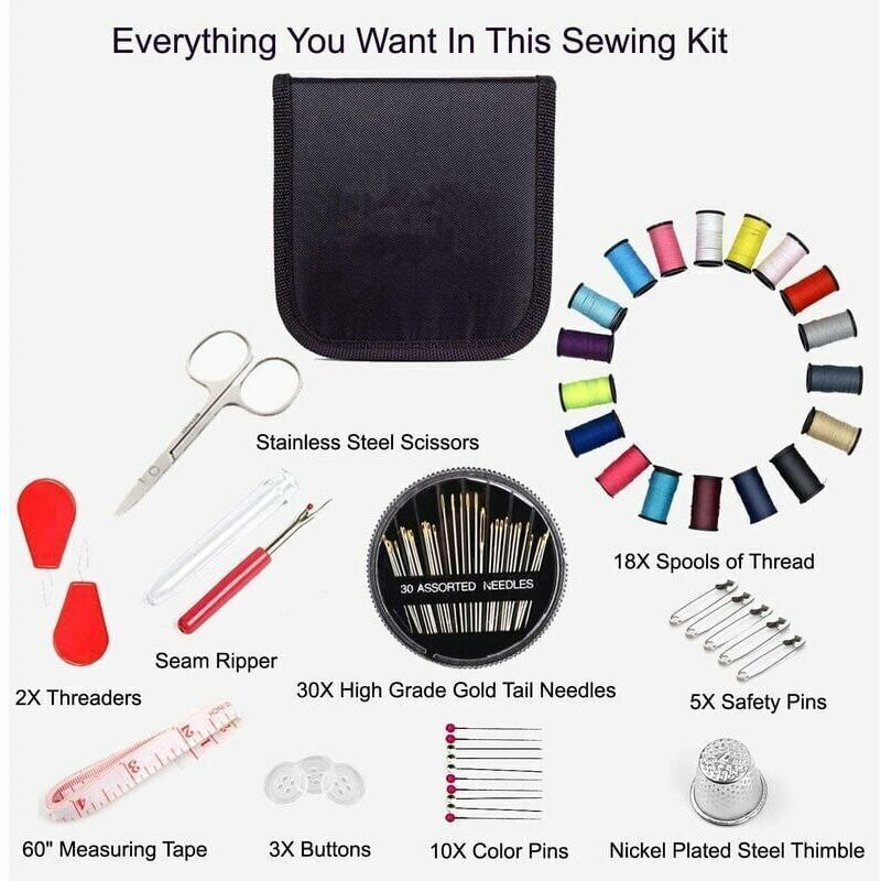 Sewing Kit 52 Accessories with 18 Thread Spools Black Box for Beginners Kids Adults Travel Compatible with V1188-CE-MO02806
