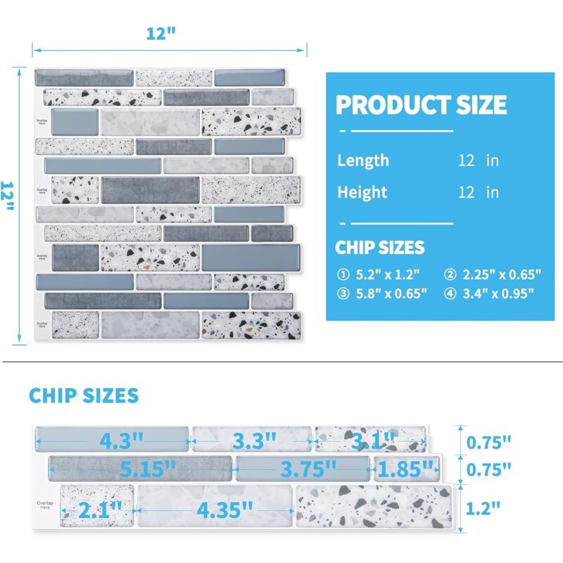 Self-Adhesive Wall Tiles Vinyl Kitchen Tile Marble Blue 10 Pieces V1188-CE-MO08029