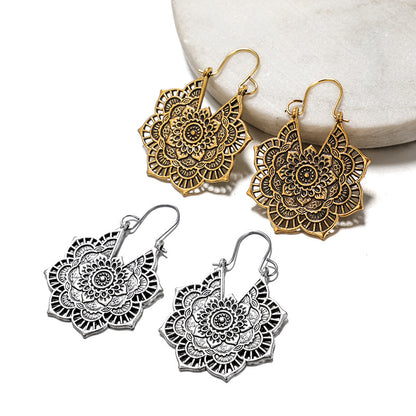 Vintage Silver Mandala Flower Dangle Earrings V1188-CE-X00498