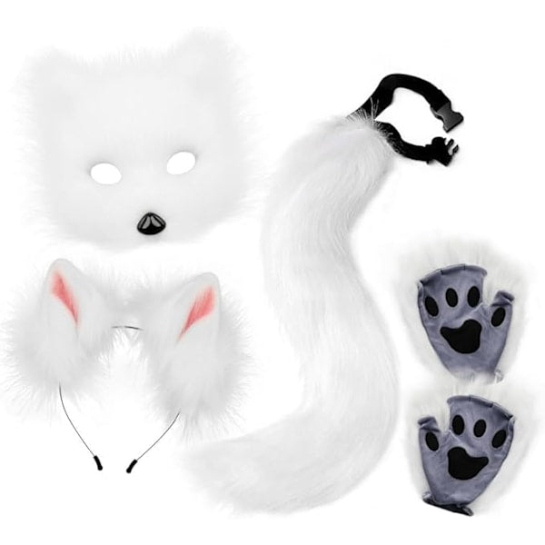 Fox Tail & Ears Set, Cat Costume with Gloves, White Halloween Cosplay Accessories white V1188-CE-Y00311