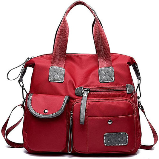 Women's Lightweight Nylon Tote Bag with Multiple Compartments and Zipper, Crossbody Shoulder Bag in Pure Red V1188-CE-Y1108-00202-3
