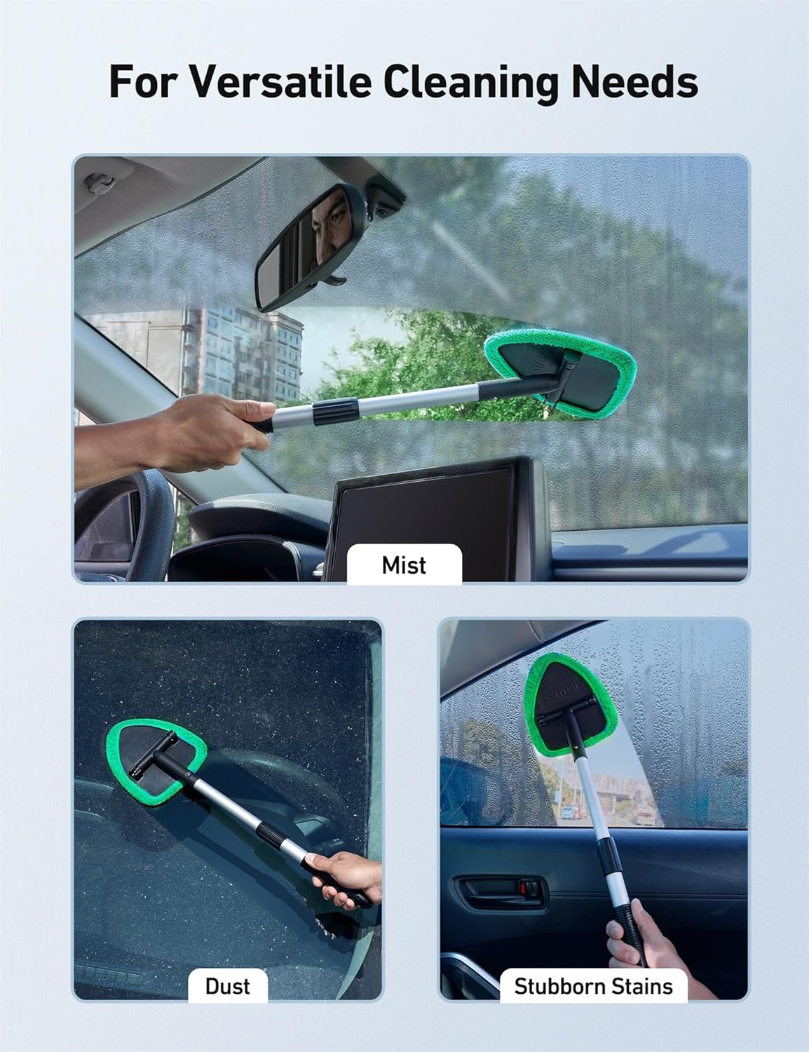 Windshield Washer Tool for Inside with 4 Reusable Washable Green Microfiber Pads V1188-CE-Y1217-00083-2