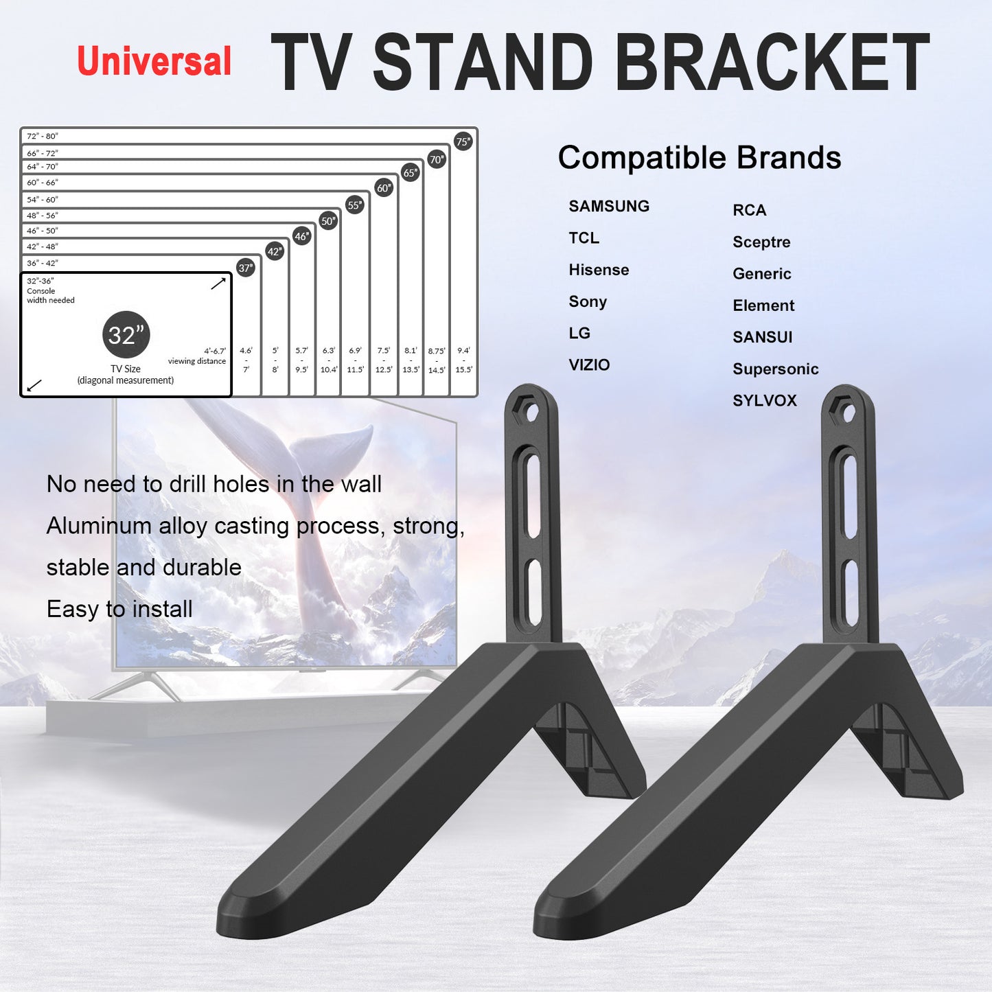 Universal TV Stand with Screws Easy Installation Tabletop Stand for TVs Compatible withSamsung LG TCL Vizio V1188-CE-Y1600014