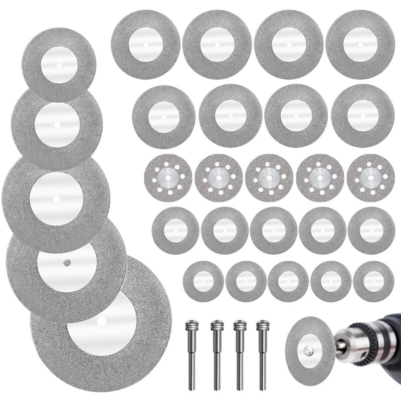 Diamond Cutting Discs 32pcs with 4 Mandrels 16-60mm for Glass Stone Wood Metal Ceramic V1188-CE-Y710-07212