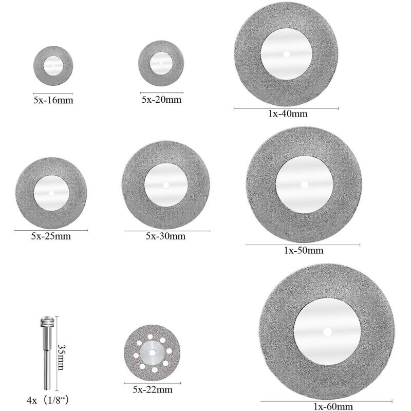 Diamond Cutting Discs 32pcs with 4 Mandrels 16-60mm for Glass Stone Wood Metal Ceramic V1188-CE-Y710-07212