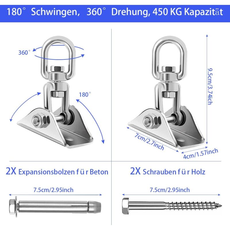 Stainless Steel Ceiling Mount Hanging Chair Spring Hook Kit, 360 degrees Rotation, 450 kg Capacity V1188-CE-Y711-02398