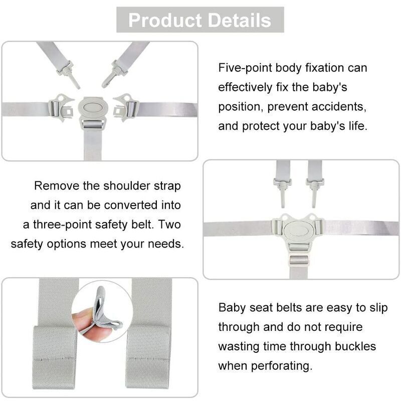 Adjustable 5-Point Safety Harness for Child Seats and Strollers, Gray - Compatible with Most Brands V1188-CE-Y711-03034