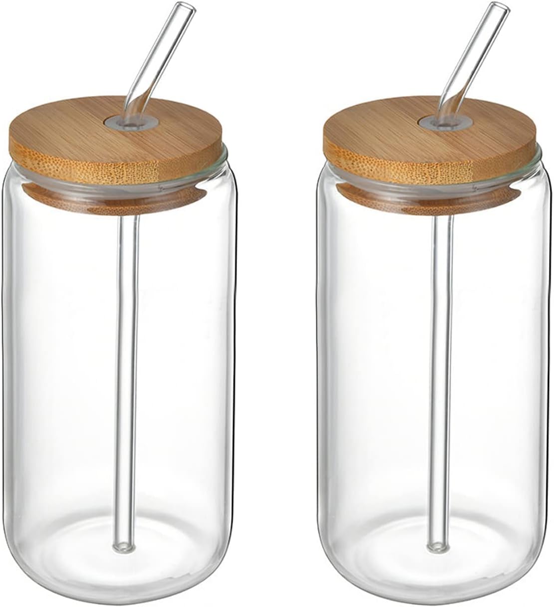 Beer Can Shaped Glass with Bamboo Lid and Straw 500ml 2 pcs for Coffee Milk Cocktail V1188-CE-Y917-00520