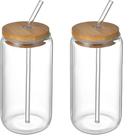 Beer Can Shaped Glass with Bamboo Lid and Straw 500ml 2 pcs for Coffee Milk Cocktail V1188-CE-Y917-00520