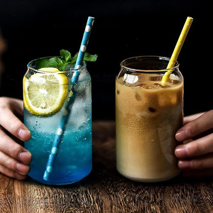 Beer Can Shaped Glass with Bamboo Lid and Straw 500ml 2 pcs for Coffee Milk Cocktail V1188-CE-Y917-00520