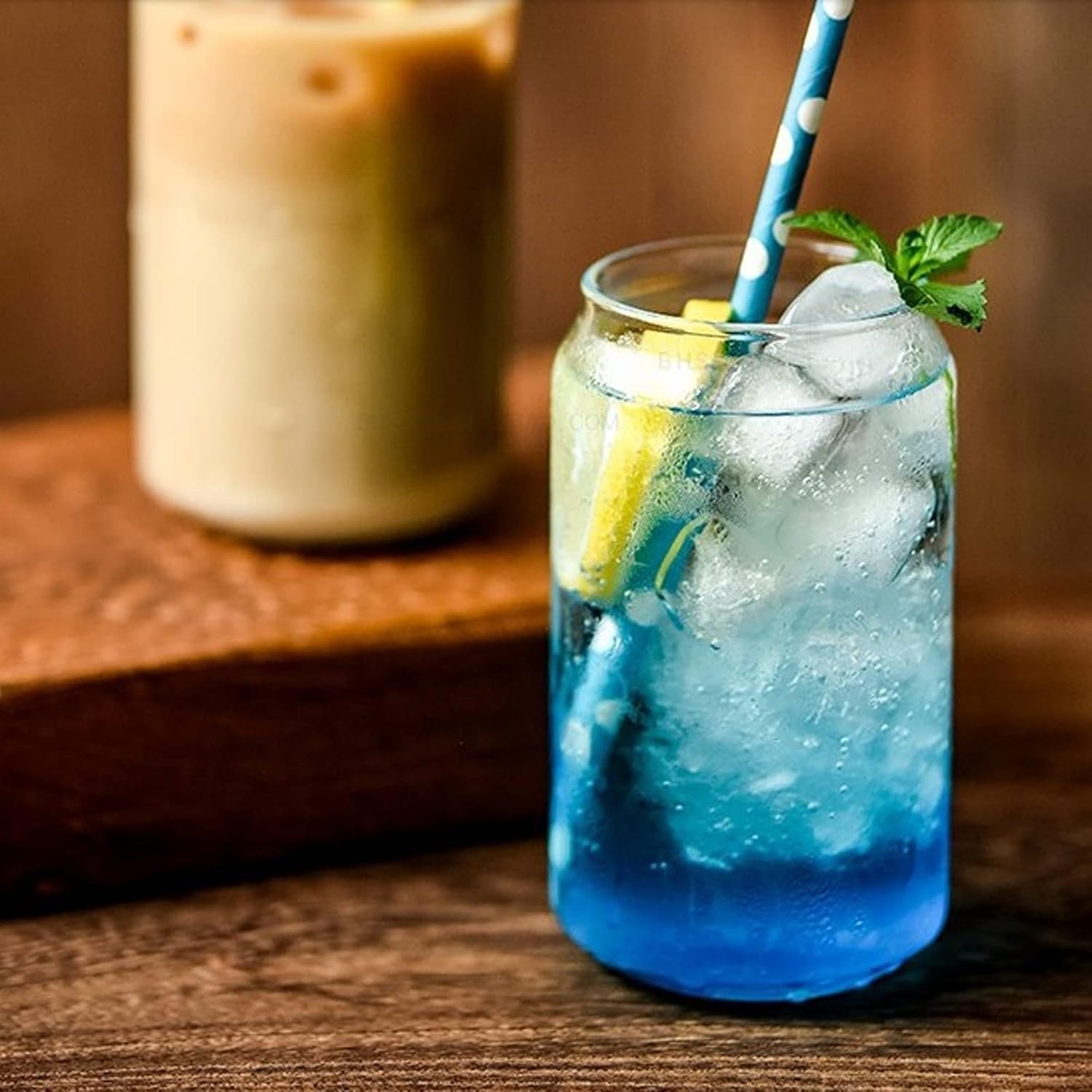 Beer Can Shaped Glass with Bamboo Lid and Straw 500ml 2 pcs for Coffee Milk Cocktail V1188-CE-Y917-00520