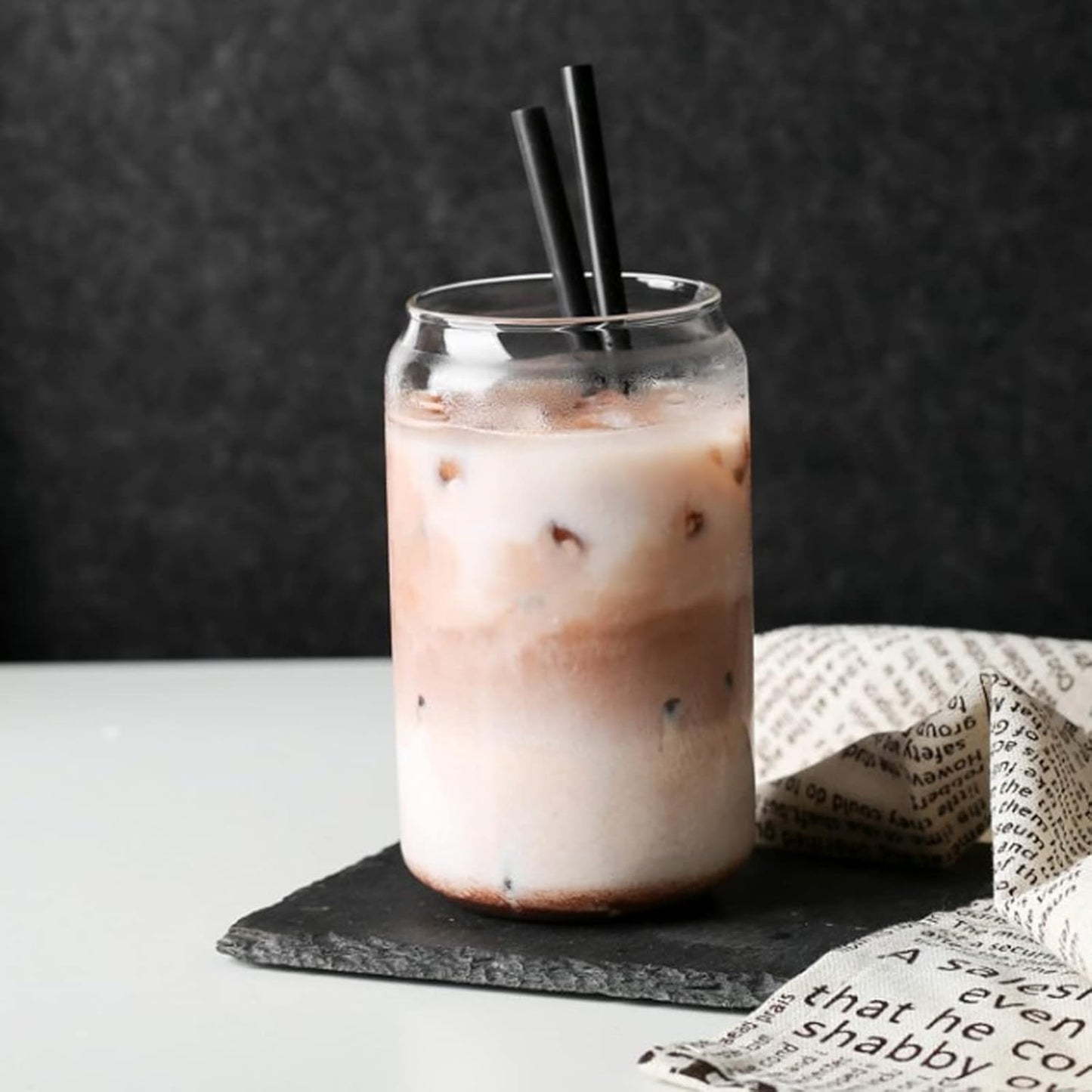 Beer Can Shaped Glass with Bamboo Lid and Straw 500ml 2 pcs for Coffee Milk Cocktail V1188-CE-Y917-00520