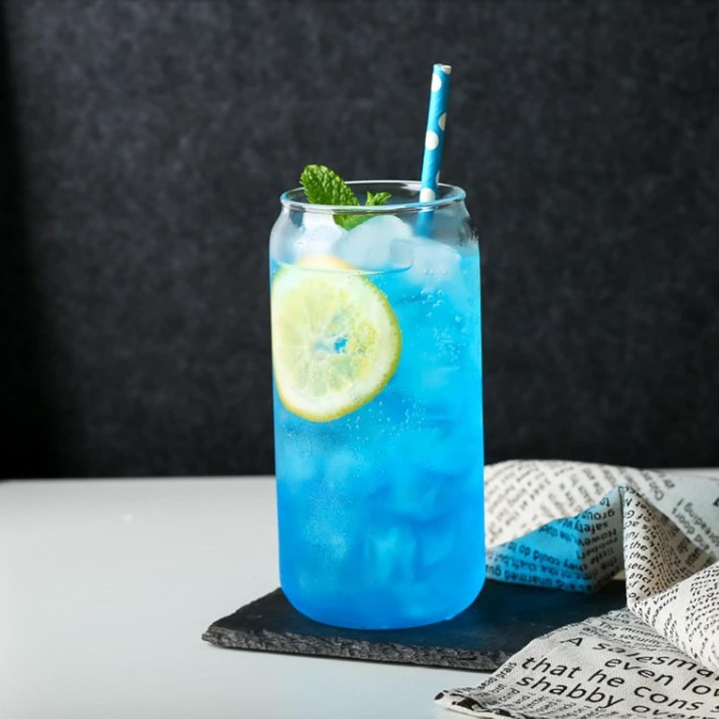 Beer Can Shaped Glass with Bamboo Lid and Straw 500ml 2 pcs for Coffee Milk Cocktail V1188-CE-Y917-00520