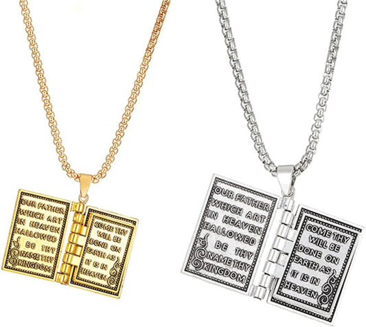 2PCS Holy Bible Book Pendant Necklace for Women Men Fashion Retro Scripture Miniature Readable Bible Openable V1188-CYX-DP-846