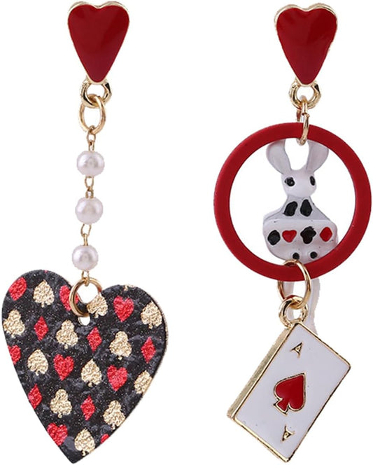 Playing Card Earrings for Women Red Heart Queen Poker Earrings Delicate Fashion Asymmetric Rabbit Love Heart V1188-CYX-DP-859