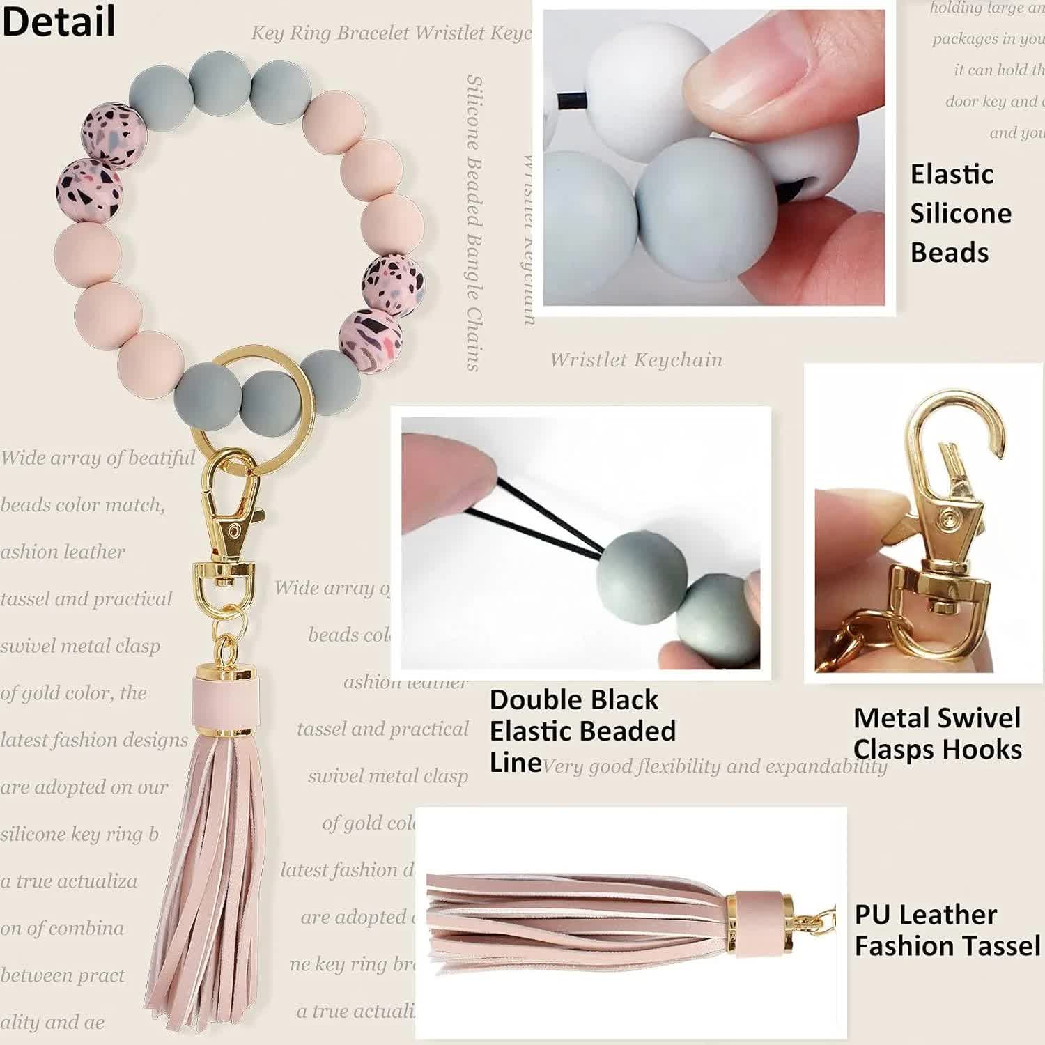 Key Ring Bracelet Car Keychain Holder Wristlet Silicone Women Beaded Bangle Chains V1188-CYX-J02-05